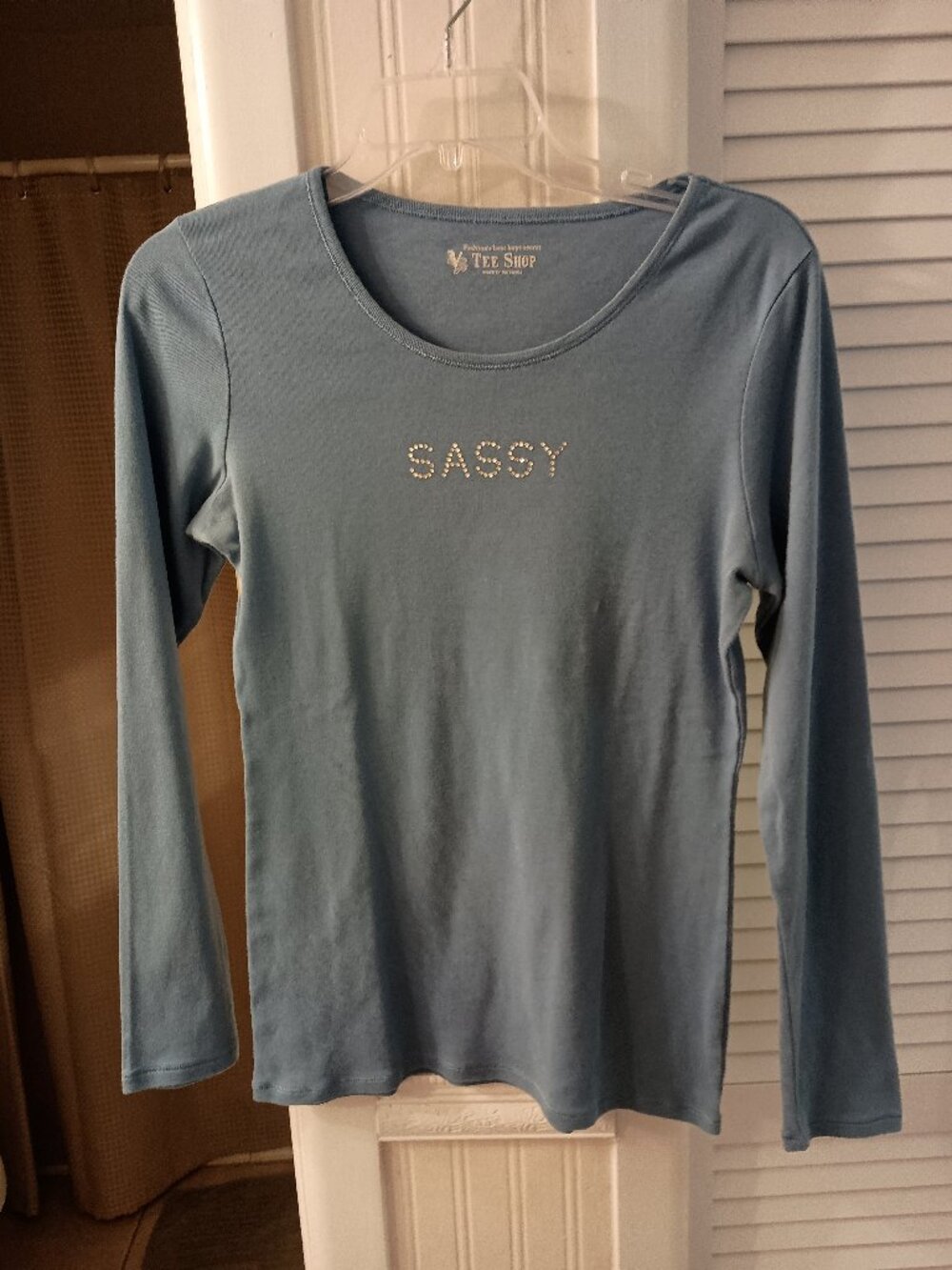 VS Tee Shop Long Sleeve Crewneck T Embellished "Sassy" - Size Large - Light Blue